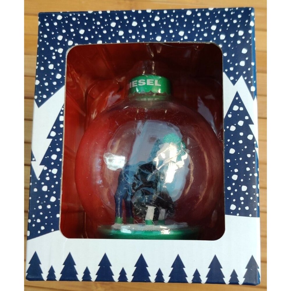 DIESEL ITALY Christmas Ornament Glass Ball BEEEHST WISHES XMAS Goat in Blue Jean